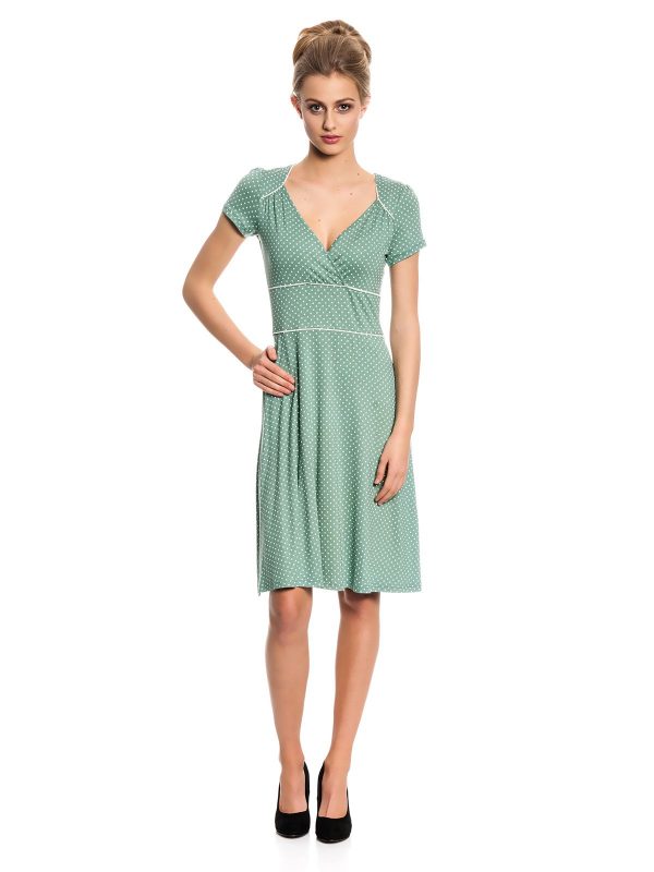 hellgrünes Kleid mit weißen Punkten, V-Ausschnitt, kurze Ärmel und weiße Teilungsnähte, knieumspielend